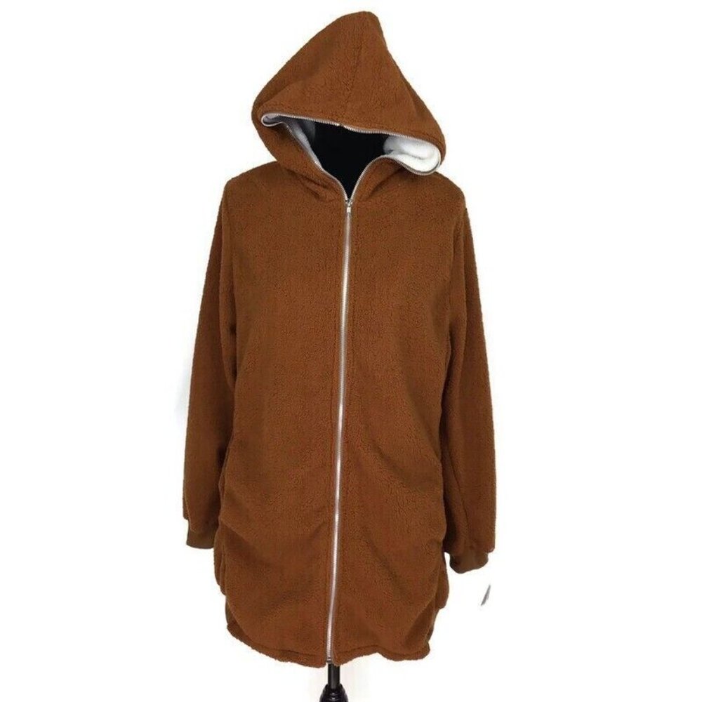 Forgotten Grace Womens Large Teddy Cozy Rust Sherpa Zip Front Hooded Jacket NEW